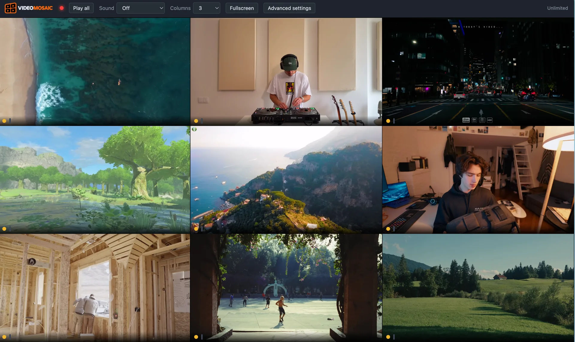 A Video Mosaic wall with nine tabs playing at once in a three-by-three grid: an aerial surf shot, a DJ mixing music, a night-time city drive, a stylised game landscape, an aerial coastal town, someone at a desk, a house under construction, people in a plaza, and a green field.