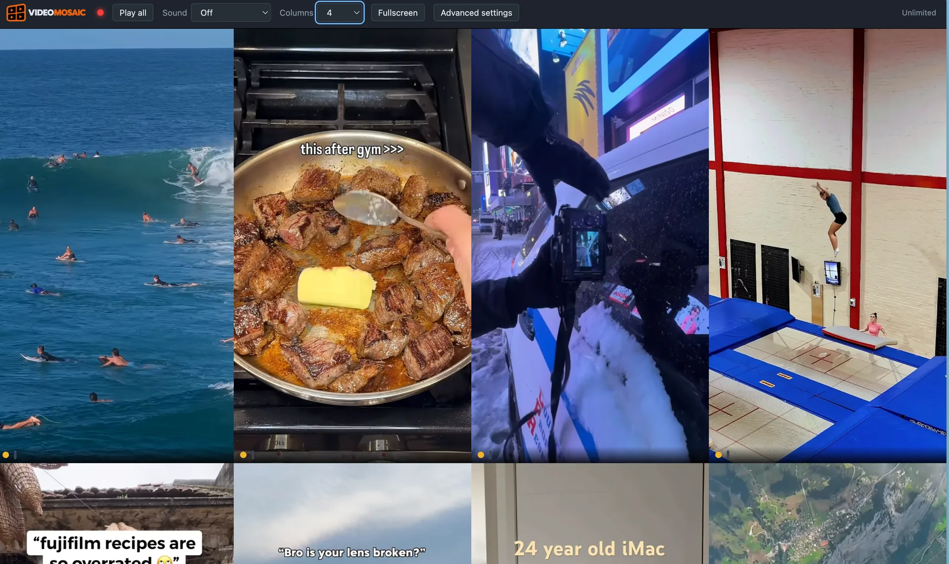 A Video Mosaic wall of eight portrait video clips in a four-column grid — surfing, cooking, street photography, gymnastics and more short-form clips, each kept in its own tall shape rather than stretched or cropped.