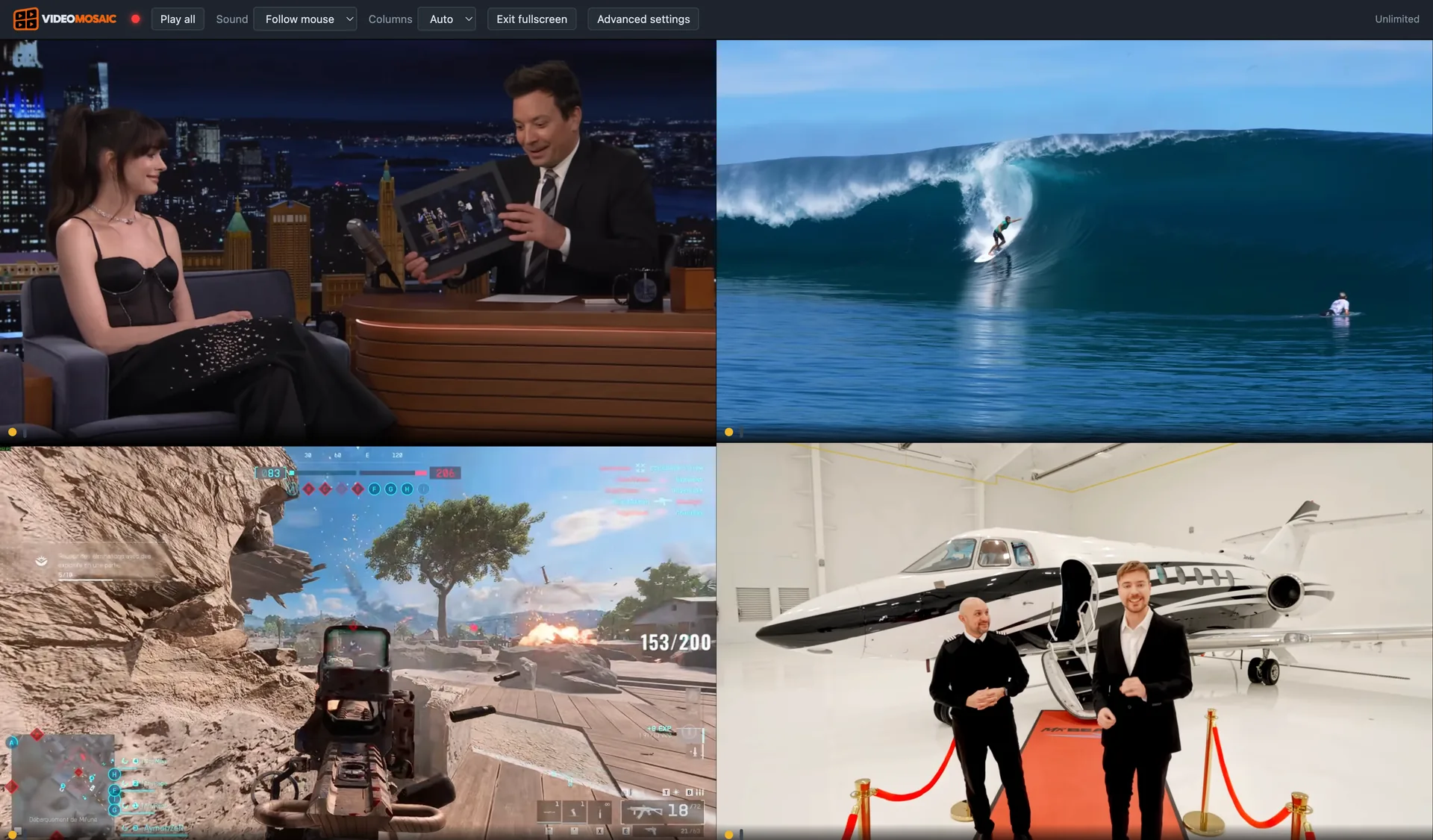 A Video Mosaic wall: four videos playing side by side in a two-by-two grid, with a toolbar across the top showing Play all, Sound set to follow mouse, and a column selector.